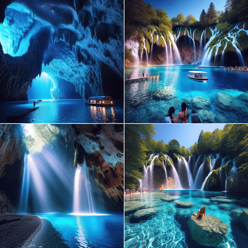 Day trips and nature: the glowing Blue Cave on Biševo Island with vibrant turquoise waters, and a glimpse of Krka National Park's waterfalls or island beaches.